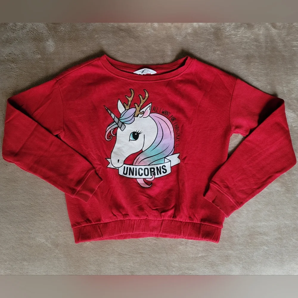 H&M Girl Unicorn Red Long Sleeve Elasticized Waistband Sweater Size 14Y